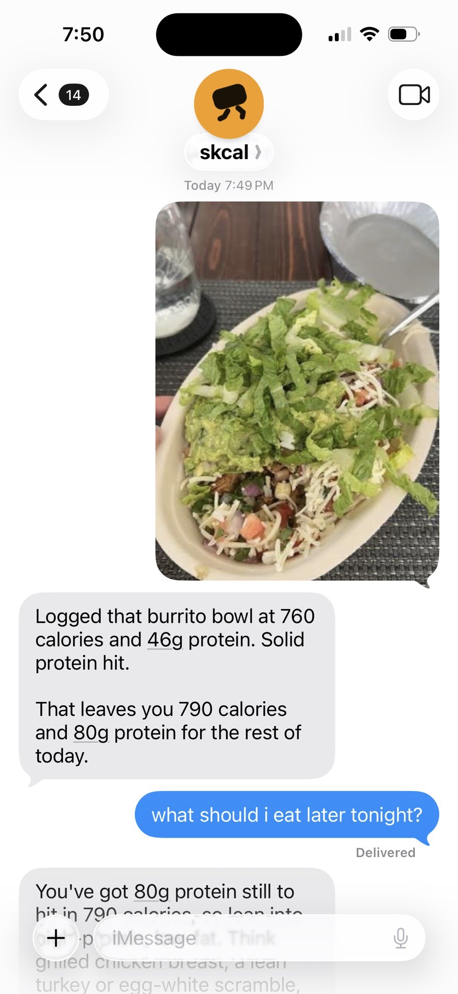 A real iMessage thread with skcal, a burrito bowl photo logged at 760 calories and 46g protein, then dinner advice from the remaining budget